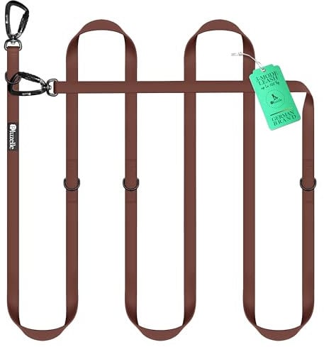 BLUZELLE Wasserfeste Hundeleine 3m, Wetterfestes PVC & 2 Starke 360° Aluminium Sicherheitskarabiner, Verstellbare Doppelleine für 2 Hunde, Freihand-Leine zum Umhängen, Schmutzabweisend, Farbe:Braun