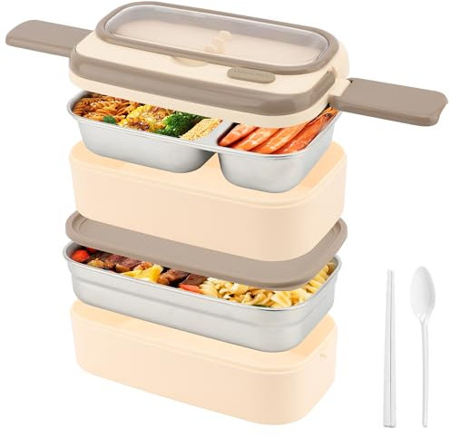 MEKOTRIN Lunch Box 1400ML 2 Layer Lunch Box with Compartments, Food Container with Lunch Bag Cutlery Set for School Kindergarten Office Kids Adults(Beige)