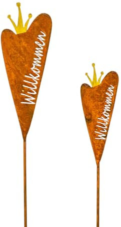 Generisch Herz mit Krone 'Willkommen' Gartenstecker Blumenstecker Beetstecker Blumendeko Rostdeko Gartenstab Blumenstab 2er Set