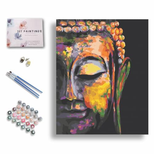101 Paintings Peinture par numéros avec cadres couleurs du Bouddha Peinture par numéro. Kit de bricolage 40 x 50 cm Toile tendue sur cadre en bois