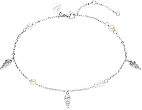 Purelei® - Akala Fußkettchen Damen – Edelstahl 18K vergoldet/rosé/silber – Mit echten Süßwasserperlen & Muschelanhängern – Verstellbar 21–25 cm – Sommerliches Fußband (Silver)