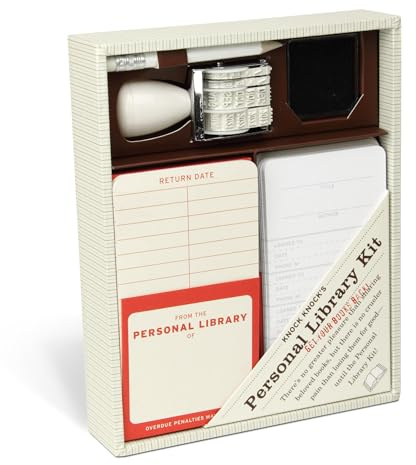 Knock Knock Original Personal Library Kit & Gift for Book Lovers - Card Catalog Checkout Cards, Bookplates, Date Stamp & Inkpad