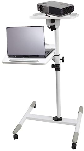 Properav Mobile Desk Workstation & Projector Trolley - White | Moveable On Caster Wheels | Adjustable Height 850-1100mm | 10kg Capacity | For Laptop, Projector, Consoles & More