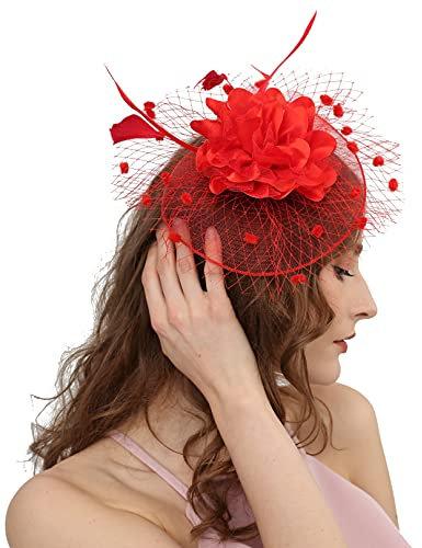 Fascinator-Hut für Damen, 50er-Jahre-Kopfbedeckung mit Schleier, Blume, für Cocktailparty, Hochzeit, Teeparty, Kirche, Pferderennen - Rot - Einheitsgröße