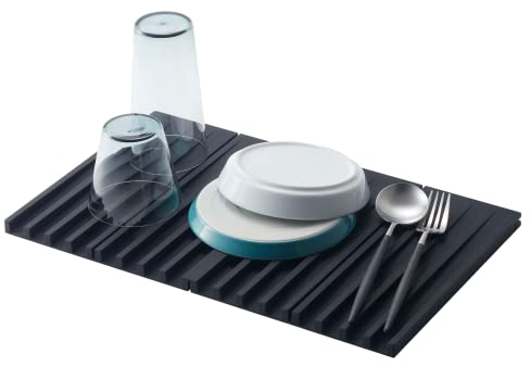 YAMAZAKI 3835-P Home - Bandeja escurridora plegable, alfombrilla de secado de platos de cocina, silicona, color negro