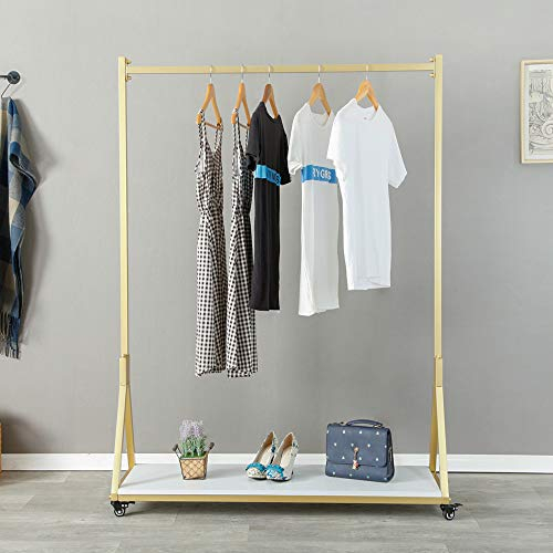 FURVOKIA Modern Simple Heavy Duty Metal Rolling Garment Rack with Wheel,Retail Display Clothing Rack with Wood,Iron Single Rod Floor-Standing Hangers Clothes Shelves (Gold Square Tube B, 47.2 L)