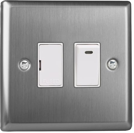 Varilight Switched Fused Spur with Neon - Classic Brushed Steel with White Insert, XT6NW