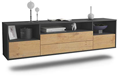 Dekati Lowboard Henderson hängend (180x49x35cm) Korpus anthrazit matt - Front Holz-Design Eiche - Push to Open