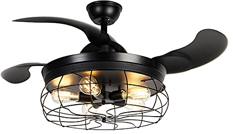Qazqa Industrial Ventilador de techo con luz y mando a distancia negro con mando a distancia 5 luces - Gaiola Acero/Plástico Redonda Adecuado para LED Max. 5 x 40 Watt
