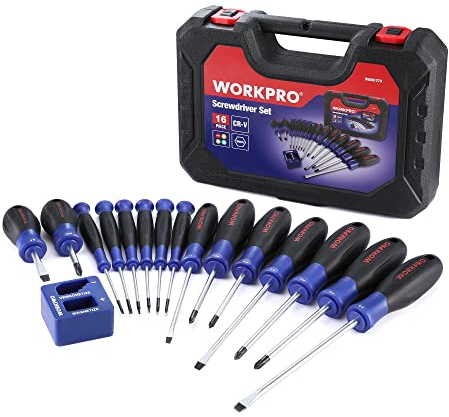 WORKPRO Magnetic Screwdriver Set 16 Pcs with Case, Including Precision Screwdrivers, Universal Screwdriver and Magnetizer, with 4 Head Shapes(Flat/Phillips/Pozidriv/Torx), for DIY and Repair