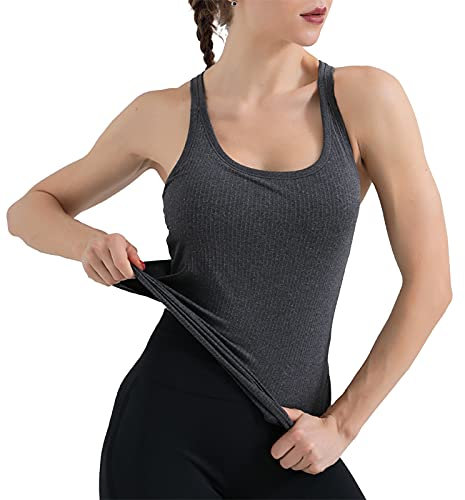 Damen Tank Tops mit Integriertem BH Sommer T-Shirts Casual Oberteil Top Ärmellose Shirt Atmungsaktive Workout Gym
