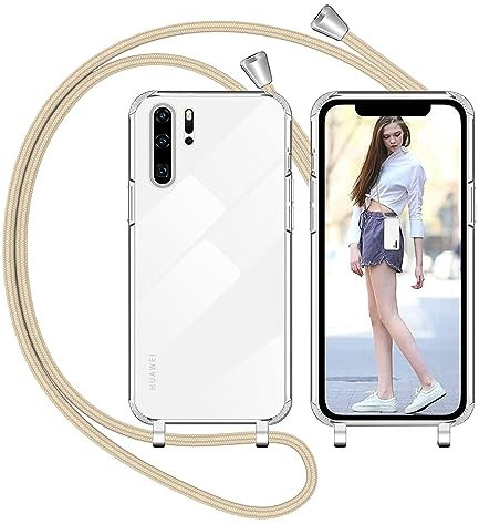 Nupcknn Handykette Hülle für Huawei P30 Lite Hülle TPU Bumper+PC Back Necklace(abnehmbar) Transparent Hülle mit Kordel zum Umhängen Handy Schutzhülle mit Band (Golden)