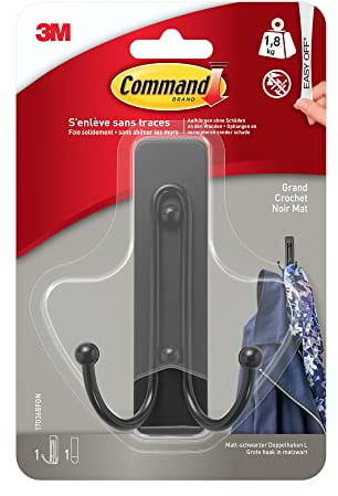 Command 17036BFGN Large Matt Black Double Hook, 17036B, 1 Hook, 1 Strip, Black
