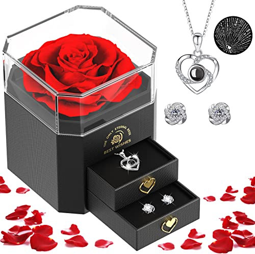 Konservierte echte Rose, Geschenkbox mit I Love You Halskette und Ohrringen, handgemachte ewige Blume Geschenke für ihre Frau Frau Freundin am Geburtstag, Jubiläum, Valentinstag, Muttertag