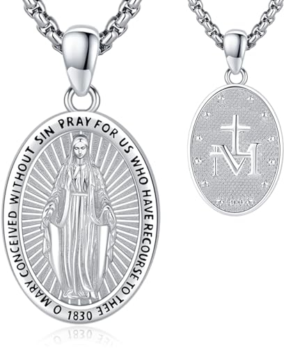 Eusense Heilige Jungfrau Maria Halskette St Mary Anhänger 925 Sterling Silber Saint Kette Katholischer Religiöser Schmuck Medaille Schutzamulett für Frauen Damen