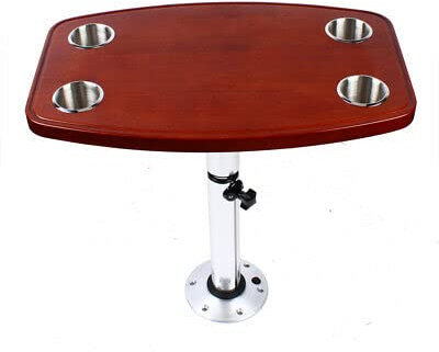 Table de bateau en chêne + pied amovible - Porte-boisson réglable - Plateau laqué pour camping-car - Hauteur réglable - Télescopique - Socle amovible - Avec 4 porte-tasses