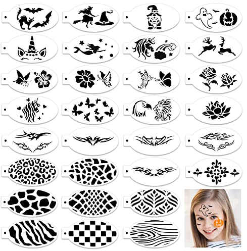 OOTSR 30 Stück Wiederverwendbare Schablonen für Kinder Erwachsene, Tattoo-Schablonen für Gesicht und Körper, Kreativität Tattoo Schablone für Halloween Schminke Partys