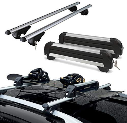 Dachträger aus Aluminium + Skiträger 4 Paar Ski oder 2 Snowboards für Fiat Panda III ab 2012 mit offenem Railing