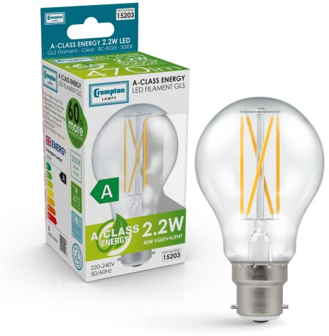 Crompton Lamps LED Ultra-Efficient GLS 2.2W BC-B22d A-Class (40W Equivalent) 3000K Warm White Clear 470lm BC Bayonet B22 A-Rated Light Bulb