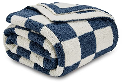 CozeCube Karierte Decke, ultraweich, gemütlich, blau, kariert, warme Flauschige Schachbrett-Überwurfdecke, blau und weiß Karierte Decke für Couch, Bett, Sofa, 127 x 152 cm