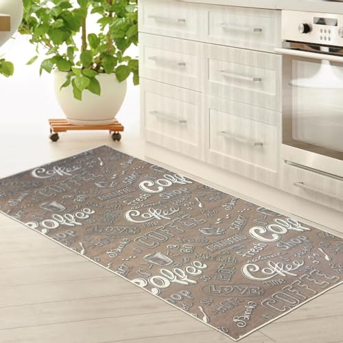 Küchenläufer Teppich beige waschbar mit Gelrücken und „Coffee“ Schriftzug in weiß, 80 x 150 cm