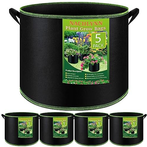 NACHLYNN Paquete de 5 bolsas de cultivo de 7 galones de tela no tejida gruesa con asas, macetas de tela de aireación resistente, macetas de plantas o frutas, flores para jardinería