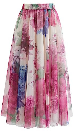 CHICWISH Gonna da donna in tulle a doppio strato con motivo floreale, Rosa, L