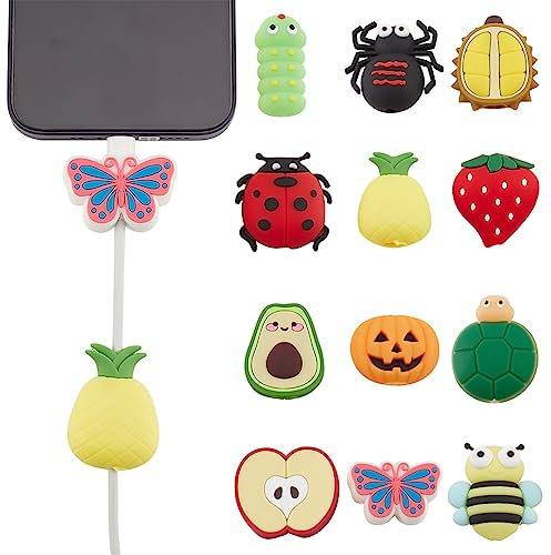 PLIGREAT 12 Pcs Cute Insects Fruits Cable Protectors for iPhone iPad Android Charger Mixed Bulk Colorful Cartoon Phone Charger Protector for USB Data Cable Charging Cord Protector Phone Accessory