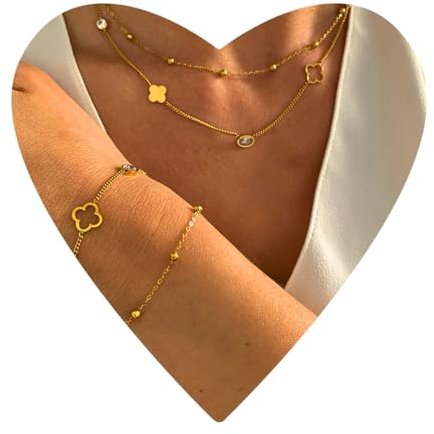 NataschaWoge® Kleeblatt doppelte minimalistischer Schmuck EDELSTAHL Gold Silber Kette Halskette Choker Geschenk für Sie Goldkette (Gold Halskette)