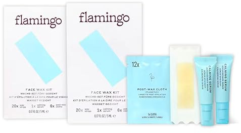 Flamingo Gesichtswachs-Set - Wachs-Set für Frauen mit 40 Wachsstreifen für das Gesicht, 2 hautberuhigende Seren und 12 Pflegetücher für danach für Damen, Körperwachstreifen, Enthaarungswachs