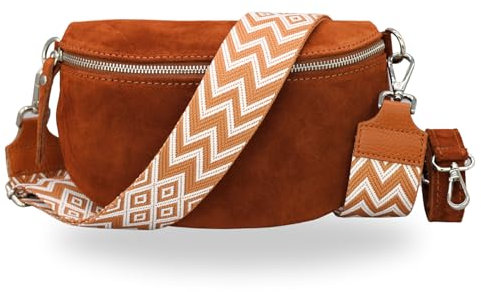 BRISE Bauchtasche Damen Echtes Wildleder SAHEL Handgemachte Umhängetasche Crossbody Bag Hüfttasche mit Ledergurt + Optionalen Breiten Gemusterten Riemen Gürteltasche Made in Italy (Cognac Braun 3)