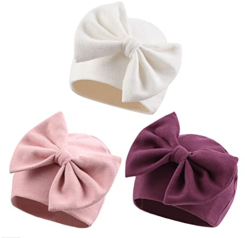 XIAOHAWANG Babymütze Neugeborene 0-6Monate Baumwolle Newborn Mütze Mit Schleife Mütze Baby Mädchen Erstlingsmütze Dicke Mütze Baby Jungen für Herbst,Winter (6-12 Mois, Weiß + Altrosa + Lila)