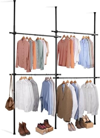 House of Home Heavy Duty Double Telescopic Clothes Rail - Rail Wardrobe Replacement - Adjustable Shelving Rack - Clothes Storage & Organiser for Shirts, Coats, Jackets, Hat & Shoes