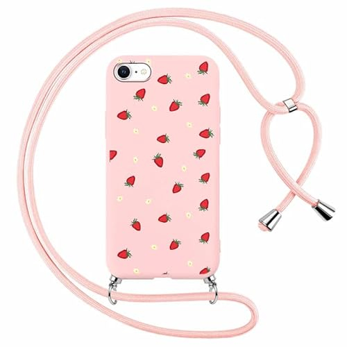 Foonary Funda con Cuerda para Apple iPhone 8/7/SE 2020/SE 2022 4,7, Carcasa Ultrafina Silicona Aesthetic Flor Dibujos Case con Ajustable Collar Correa de Cuello Cordón Cover para iPhone8,Fresa