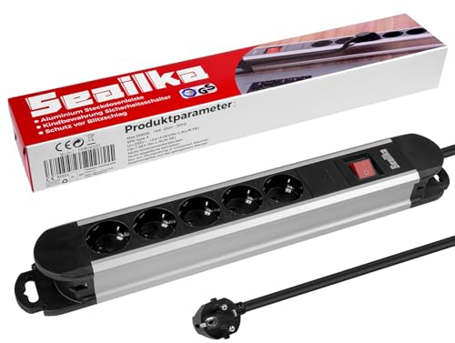 Seailka Aluminium Steckdosenleiste 5-Fach mit Schalter und Überspannungsschutz (3680W 16A), 1.5m Kabel, Mehrfachstecker Wandmontage mit Berührungsschutz