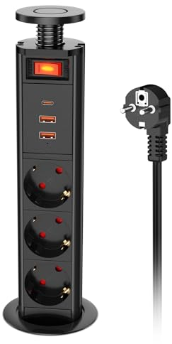 Versenkbare Steckdosenleiste mit Schalter und USB C 20W, Ohuo 3 Fach Tischsteckdose Versenkbar Rund mit USB C und 2 USB-A Anschluss, Versenkbare Steckdose Küche Schwarz