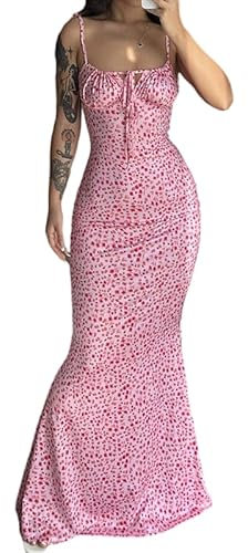 Maxikleid für Damen, Blumenmuster, Spaghettiträger, langes Kleid, rückenfrei, mit Schulterbindung, Meerjungfrauenkleid, Pink, Groß