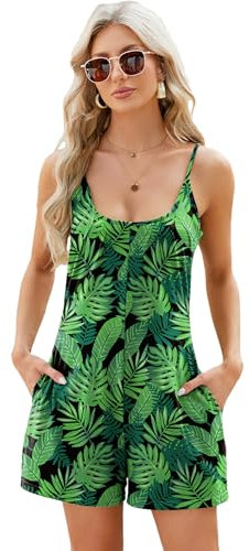 Playsuits for Women uk - Spaghetti Strap Jumpsuits with Pockets, Ladies Dungarees Romper, Summer Outfits for Women UK, Ladies Playsuit, Short Jumpsuit (Green Palmleaf, L)