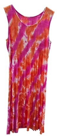 Alam Exclusive Vestido largo de viscosa para mujer, elástico, sin mangas, estampado de teñido anudado, para vacaciones, verano, talla única, Naranja/fucsia, 36-44