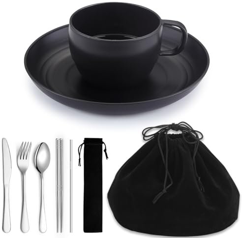 Camping Essentials set, HOMQUEN Assiettes et bols de Camping Set, tasse à café, ensemble de vaisselle de voyage avec cuillère, fourchette, couteau de travail, extérieur, pique - nique, camping(Noir)