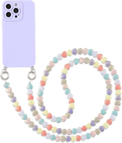 Pnakqil Coque avec Cordon pour iPhone 16 Pro Max 6,9 de Cœur Perles Corde Collier, Étui Silicone TPU Antichoc Bumper Housse avec Bijoux Cordage Crossbody Chaîne Lanyard Case, Violet