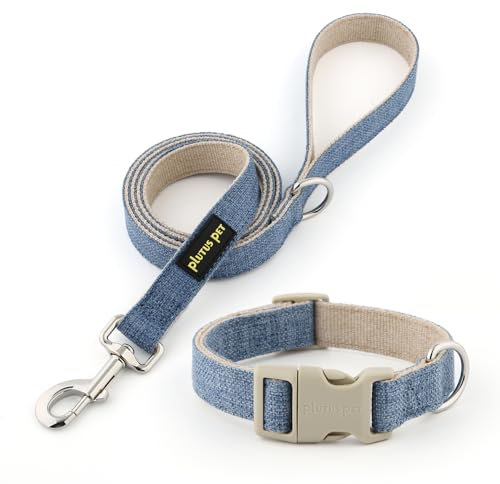 Plutus Pet Cotton Hemp Dog Collar and Leash Set, Adjustable Collar for Small, Medium, and Large Dogs, Heavy Duty and Soft on Skin, Haze Blue, S