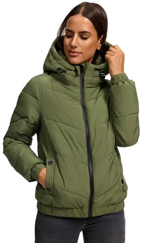 MARIKOO Damen Winterjacke (XS-XXL) - Abnehmbare Kapuze, hoher Kragen, 4 Taschen, leichte Steppjacke, Warme Jacke Frauen - N002 (M, Olive)