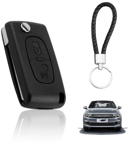 2 Boutons Coque de Clé de Voiture, Télécommande Boîtier Clé de Remplacement avec Porte-Clés en Cuir Compatible avec Peugeot CE0523 207 307 308 407 607 et Citroën C2 C3 C4 C5 C6,Boîtier de Remplacement