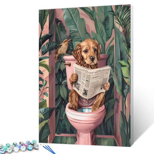 Tucocoo Puppy on Toilet Paint by Numbers Kits 16x20 inch Canvas DIY Oil Painting for Adults with Brushes and Acrylic Pigment Cute Dog Tropical Plant Bathroom Picture for Home Decor (Without Frame)