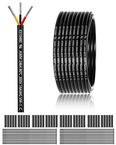 16 AWG 3×1.5mm² 3 Core 12V 24V Electrical Wire 100FT/30M, 16 Gauge 3 Conductor Wire Cable Stranded Tinned Copper PVC 16/3 Wires for LED Strips Lighting, Outdoor Cable, Automotive, CE Listed