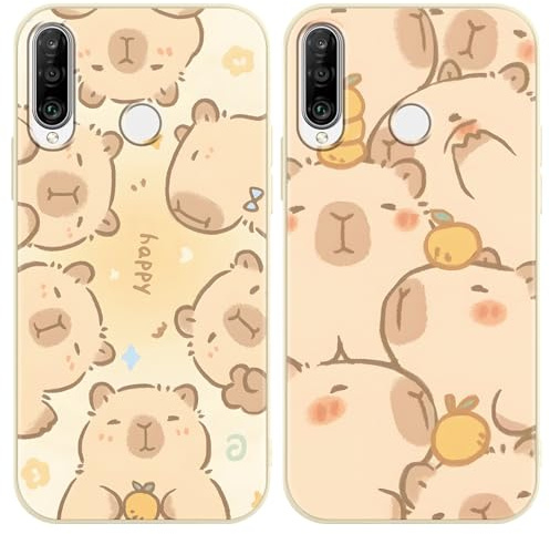 Yimctoie 2 Stück Handyhülle für Huawei P30 Lite 6.15, Weiche Stoßfest TPU Silikon Anime Capybara Schutzhülle mit Karikatur Niedlich Delphin Muster Design Case, Happy