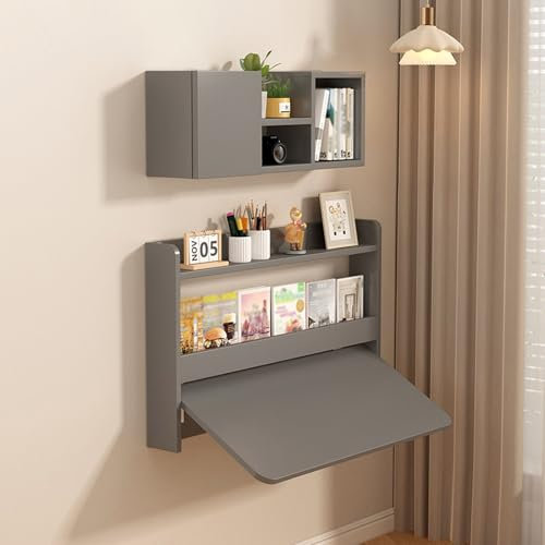 Klappbarer Wandtisch+Bücherregal,Massivholz-Schwimmtisch Für Die Wand Vielseitige Aufbewahrung,Versteckter Schreibtisch Spart Platz,Für Computer,Dekorationen,Bücher Und Mehr(Gray,60*60cm(23.6*23.6))