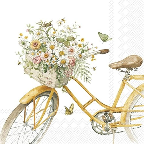 20 Servietten Sommer Blumen auf Vintage-Fahrrad als Tischdeko. Papierservietten mit Motiv. Auch für Decoupage und Serviettentechnik 33x33cm