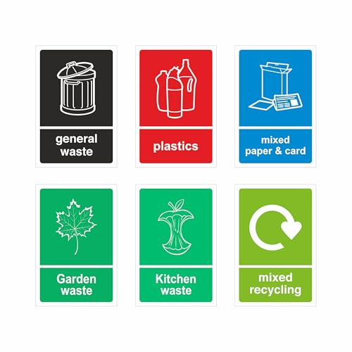 Waste Recycling Bin Label Sticker, General Waste, Garden Waste, Mixed Paper & Card, Mixed recycling, Garden, Plastic 150 x 100 mm, Self-Adhesive, Pack of 6